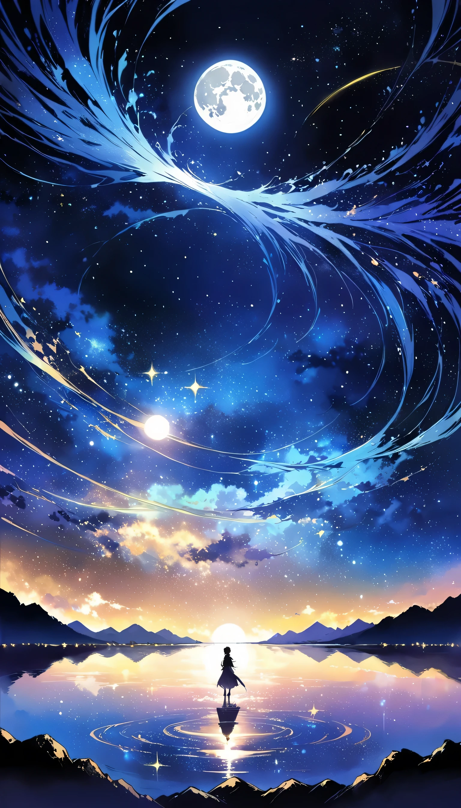 A condensed beauty of a painting of a river and the stars and moon in the sky, Concept art inspired by Mitsuoki Tosa, pixiv Contest Winner, highest quality, Fantasy art, Beautiful anime scene, Bright moon circle, Starry Sky environment in the moonlight, Dream Painting, Anime Background art, Dreamscape Painting, Great night, Anime Background, Background artwork, Great art, Atmospheric anime, Starry Sky, Detail enhancement.  