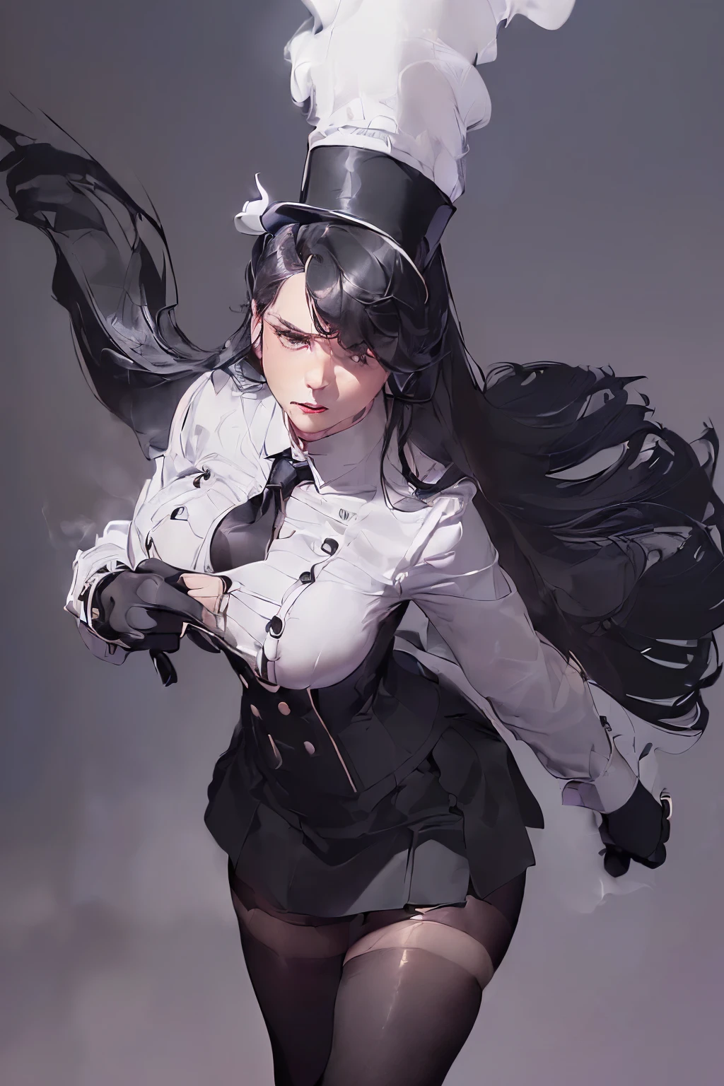 (Kimi, black gloves, white shirt with tie, short black skirt, black tights:1.5),(Threatening to tear,Large chest, intricate buttons:1.5),(Vintage style, Elegant:1.5),(Impeccable posture,Confident:1.5),(Exquisite detailing,Realistic CGI:1.5),(Top hat, Monocle:1.5),(Smoky environment,Jazz club:1.5),(Smokey atmosphere,Jazzy tunes:1.5),(Laid-back,Casual:1.5),(Mystery,Allure: