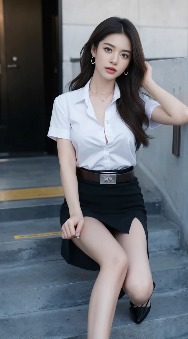 (Masterpiece, best quality, alone, รายละเอียดที่complicated, Chromatic aberration), realistic, ((Big chest, tight shirt)), hair in one eye,purple eyes, Large round hoop earrings 15 cm.., sharp eyes, choker, gemstone pendant,(symmetrical eyes),(Perfect symmetrical body),Photo of a beautiful age girl of 22 years old,(fit the body), Beautiful and charming with contemporary fashion paintings as well.., looking at the audience, ((Behind the scenes of the football stadium)), (black short skirt), (white short sleeve shirt, Form fitting shirt., Unbuttoning 3 buttons, Revealing breasts), (blue lab coat ),((A short black pencil skirt with a deep slit on the side...)), sugar belt, ((Put your hands down.)),Blue blonde hair, Bob, long hair, Side flatness,round chin, Art lens 85mm, Sharp focus, High resolution 8K, Crazy details, complicated, elegant,Sitting on the steps of the stadium, Lift one leg to eye level.., legs slightly apart.,Pose like a model,dynamic,mahalaiuniform