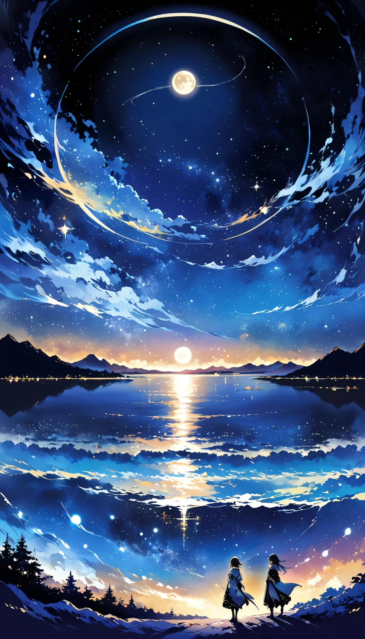 A condensed beauty of a painting of a river and the stars and moon in the sky, Concept art inspired by Mitsuoki Tosa, pixiv Contest Winner, highest quality, Fantasy art, Beautiful anime scene, Bright moon circle, Starry Sky environment in the moonlight, Dream Painting, Anime Background art, Dreamscape Painting, Great night, Anime Background, Background artwork, Great art, Atmospheric anime, Starry Sky, Detail enhancement.  