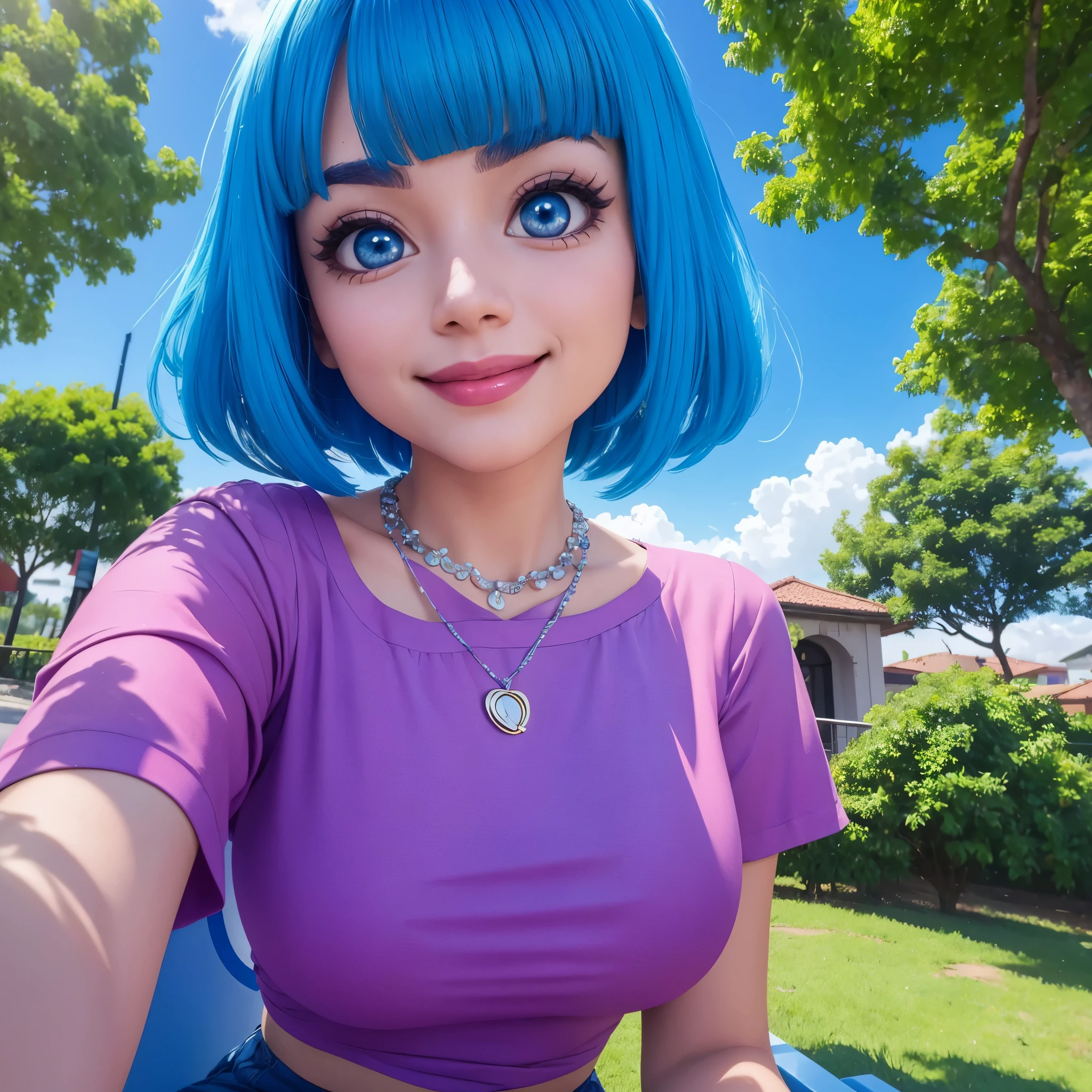 (1girl:1.2) , Sitting on a park bench,  some trees in the background, urban, ar fresco, blusa branca, necklace , eyebrows, anel, facing the camera, selfie, (selfie photo:1.3), (smiling:1.2) , huge eyes, anime girl, (blue hair:1.2), cintura pra cima, meiga, palida, low fat,  (lipstick:1.1), Detailed rendering, 3d, melhor qualidade, 8k, highres.