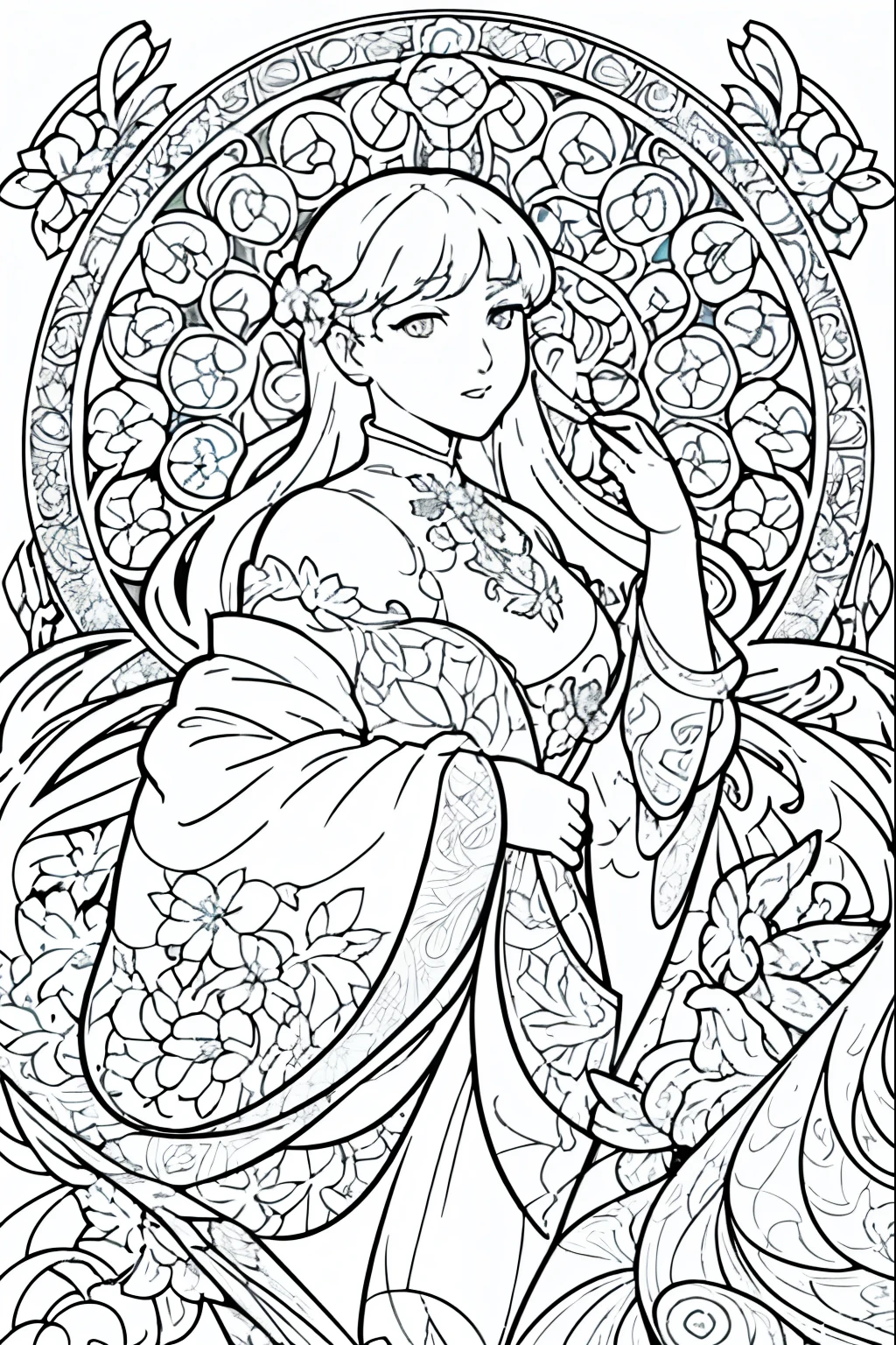 Flower Painting, Floral frame, Decorative panel, Abstract Art of Alphonse Mucha, sketchfab, 色や影のないLine artやシーン. (masterpiece, Better Quality, High resolution: 1.4), be familiar with, Intricate details, 4K, Color Splash, Line art, Fibonacci,
