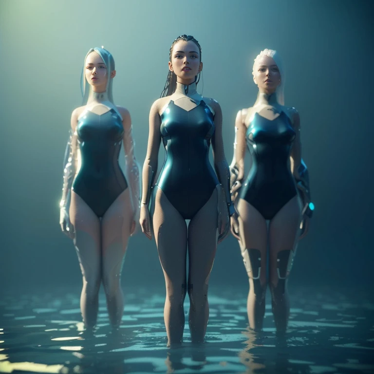Three women in swimsuits standing in water with their heads turned, Futuristic Avatar, Stand in a puddle, Coming out of the water, Corpses in the water, humanoid woman, Complex Cybernetic Creatures, Beauty contest rendering, 3D Charactersレンダリング, 3D Characters, Expressed in 3D rendering, Daily Rendering, cycles4dレンダリング