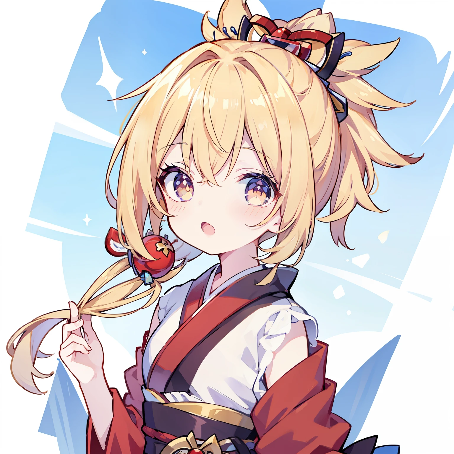 Very beautiful and Shining Eyes、Shining Eyes、((1 girl))、Small breasts、Big Mouth、Childish clothes、7--old l,highest quality, masterpiece, High resolution, alone, {yoimiya_Genshin Impact:1.15},you, blonde_hair, 前hair, hair_ornament, ponytail, 1 female,Red kimono