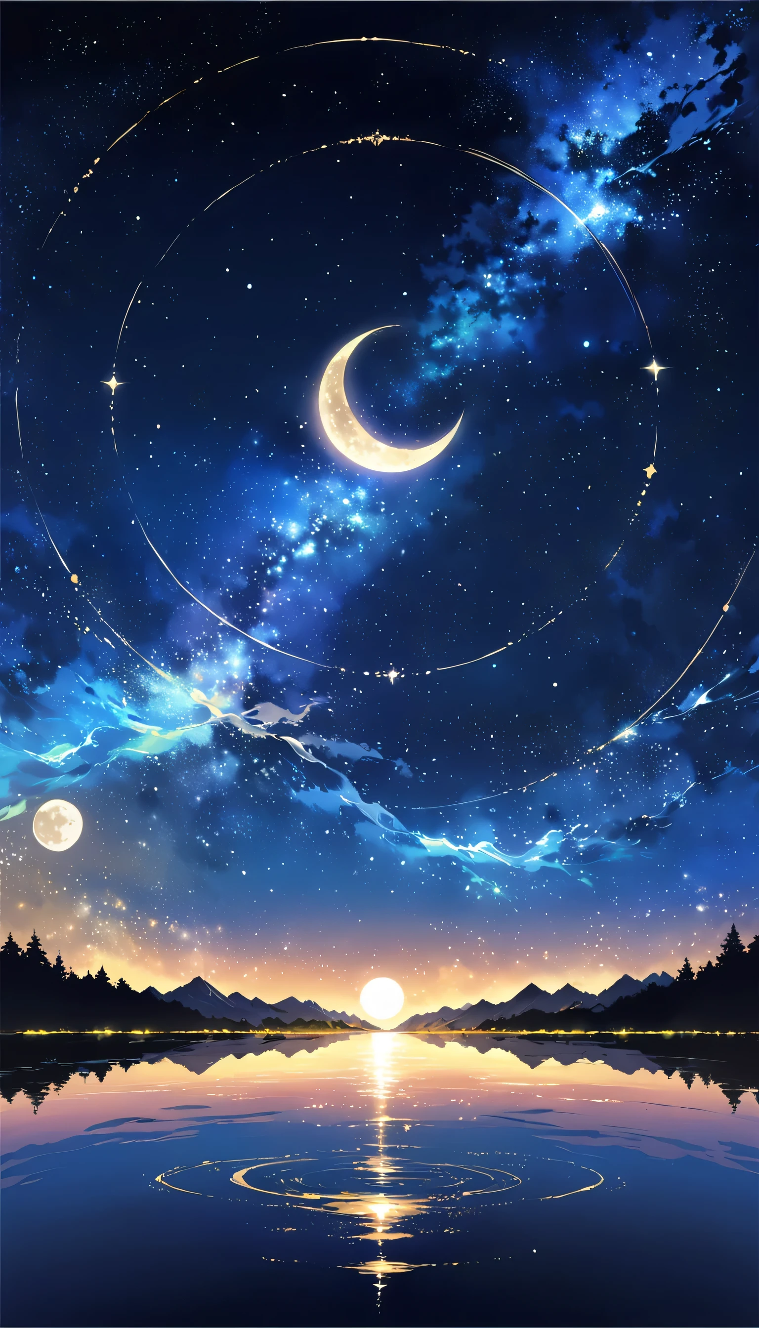 A condensed beauty of a painting of a river and the stars and moon in the sky, Concept art inspired by Mitsuoki Tosa, pixiv Contest Winner, highest quality, Fantasy art, Beautiful anime scene, Bright moon circle, Starry Sky environment in the moonlight, Dream Painting, Anime Background art, Dreamscape Painting, Great night, Anime Background, Background artwork, Great art, Atmospheric anime, Starry Sky, Detail enhancement.  
