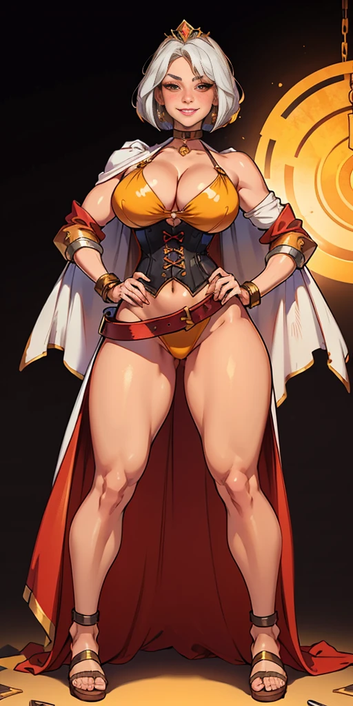 ((BLACK BACKGROUND,1:2, masterpiece)), full body MILF BIMBO standing with two long thighs and two high heels, red eyes, silver white hair, short bob style hair, big breasts, cleavage, separate sleeves, tiara royal, long cape up to two feet, yellow bikini, hands on waist, navel, lustful smirking smiling, smile face (red blushed, red cheeks), metal shoulders, gold sleeveless armbands, black leather choker slave collar, shackle bracelets, sex slave red crest, full body MILF BIMBO standing with two long thighs and two metal sandals, red eyes, silver white hair, short bob style hair, big breasts, cleavage, separate sleeves, tiara royal, long cape up to two feet, yellow bikini, hands on waist, navel, lustful smirking smiling, smile face (red blushed, red cheeks), metal shoulders, gold sleeveless armbands, black leather choker slave collar, shackle bracelets, sex slave red crest, pauldrons, breastplate, corset, eye focus, full body, whole body. 1solo . slave fighter, loincloth standing, hands on hips, metal sandals, backpack, choker, big belt, view from below, feet together, bracers, tiara) bondage pole