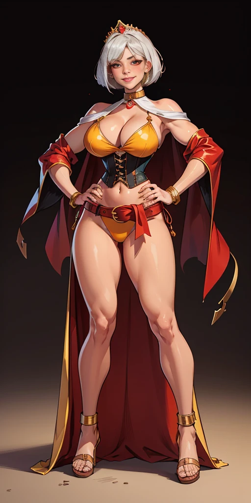 ((BLACK BACKGROUND,1:2, masterpiece)), full body MILF BIMBO standing with two long thighs and two high heels, red eyes, silver white hair, short bob style hair, big breasts, cleavage, separate sleeves, tiara royal, long cape up to two feet, yellow bikini, hands on waist, navel, lustful smirking smiling, smile face (red blushed, red cheeks), metal shoulders, gold sleeveless armbands, black leather choker slave collar, shackle bracelets, sex slave red crest, full body MILF BIMBO standing with two long thighs and two metal sandals, red eyes, silver white hair, short bob style hair, big breasts, cleavage, separate sleeves, tiara royal, long cape up to two feet, yellow bikini, hands on waist, navel, lustful smirking smiling, smile face (red blushed, red cheeks), metal shoulders, gold sleeveless armbands, black leather choker slave collar, shackle bracelets, sex slave red crest, pauldrons, breastplate, corset, eye focus, full body, whole body. 1solo . slave fighter, loincloth standing, hands on hips, metal sandals, backpack, choker, big belt, view from below, feet together, bracers, tiara) bondage pole