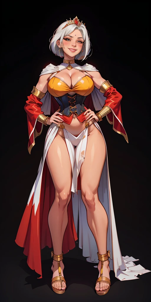 ((BLACK BACKGROUND,1:2, masterpiece)), full body MILF BIMBO standing with two long thighs and two high heels, red eyes, silver white hair, short bob style hair, big breasts, cleavage, separate sleeves, tiara royal, long cape up to two feet, yellow bikini, hands on waist, navel, lustful smirking smiling, smile face (red blushed, red cheeks), metal shoulders, gold sleeveless armbands, black leather choker slave collar, shackle bracelets, sex slave red crest, full body MILF BIMBO standing with two long thighs and two metal sandals, red eyes, silver white hair, short bob style hair, big breasts, cleavage, separate sleeves, tiara royal, long cape up to two feet, yellow bikini, hands on waist, navel, lustful smirking smiling, smile face (red blushed, red cheeks), metal shoulders, gold sleeveless armbands, black leather choker slave collar, shackle bracelets, sex slave red crest, pauldrons, breastplate, corset, eye focus, full body, whole body. 1solo . slave fighter, loincloth standing, hands on hips, metal sandals, backpack, choker, big belt, view from below, feet together, bracers, tiara) bondage pole