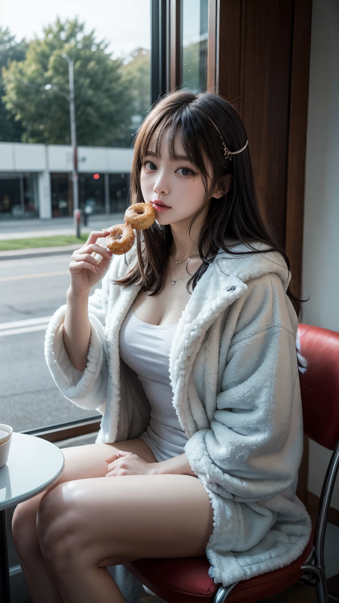 there is a woman sitting on a chair eating a donut, taken with canon 8 0 d, taken with canon eos 5 d mark iv, taken with canon eos 5 d, ulzzang, taken with canon 5d mk4, sky-blue thick fur robes, young and cute girl, photo taken with nikon d 7 5 0