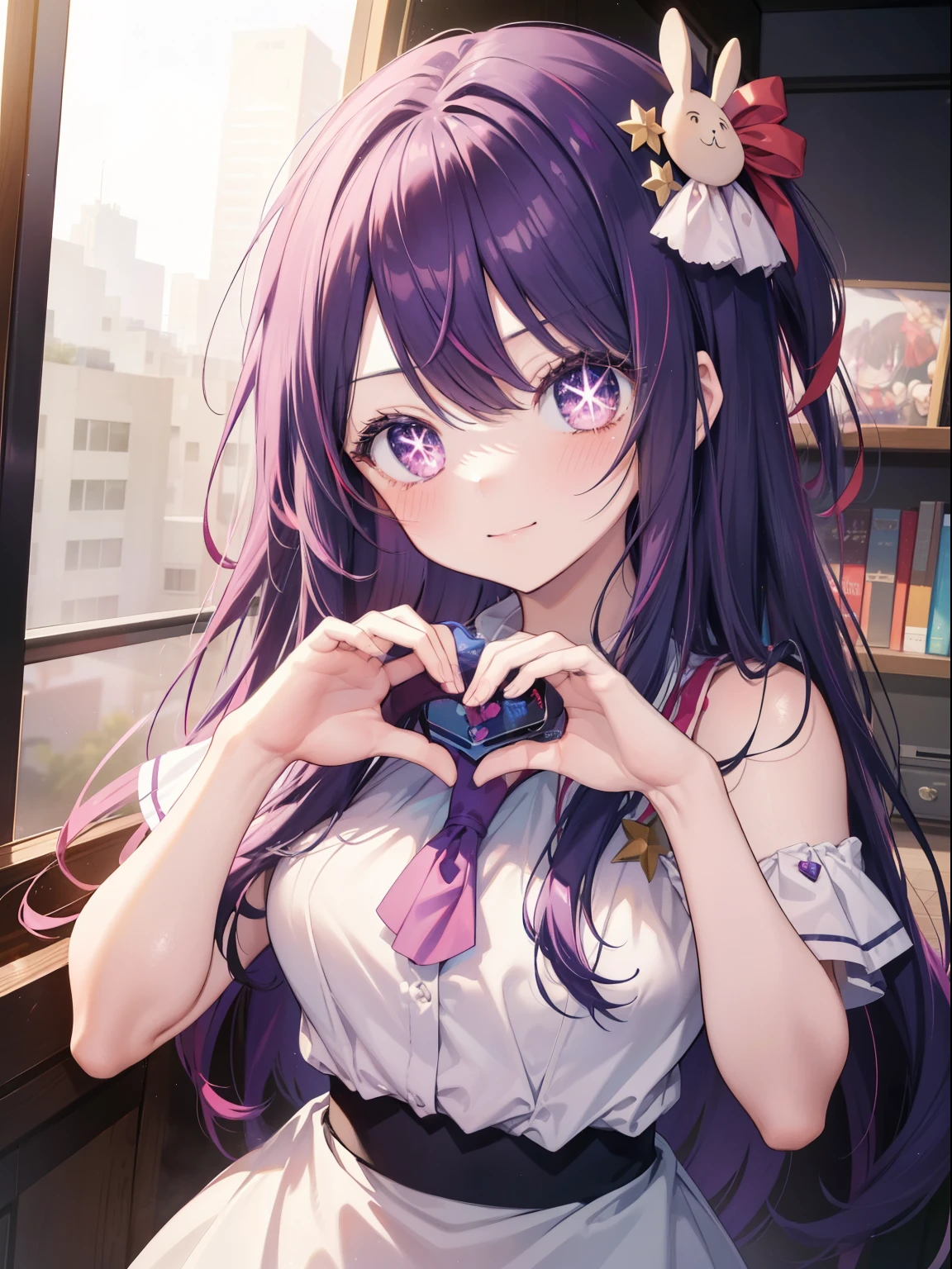 Hoshino Ai、Good looking girl (Long purple hair with square bangs, One-eyed star,blush, Perfect Face), independent , Looking at the camera, masterpiece, Anime art style, Cute Characters, Most detailed, high quality、Nico Nico Smile、Long Hair、Wear cute clothes、Live Play、Idol Costumeaking a heart with hands、Hand Heart