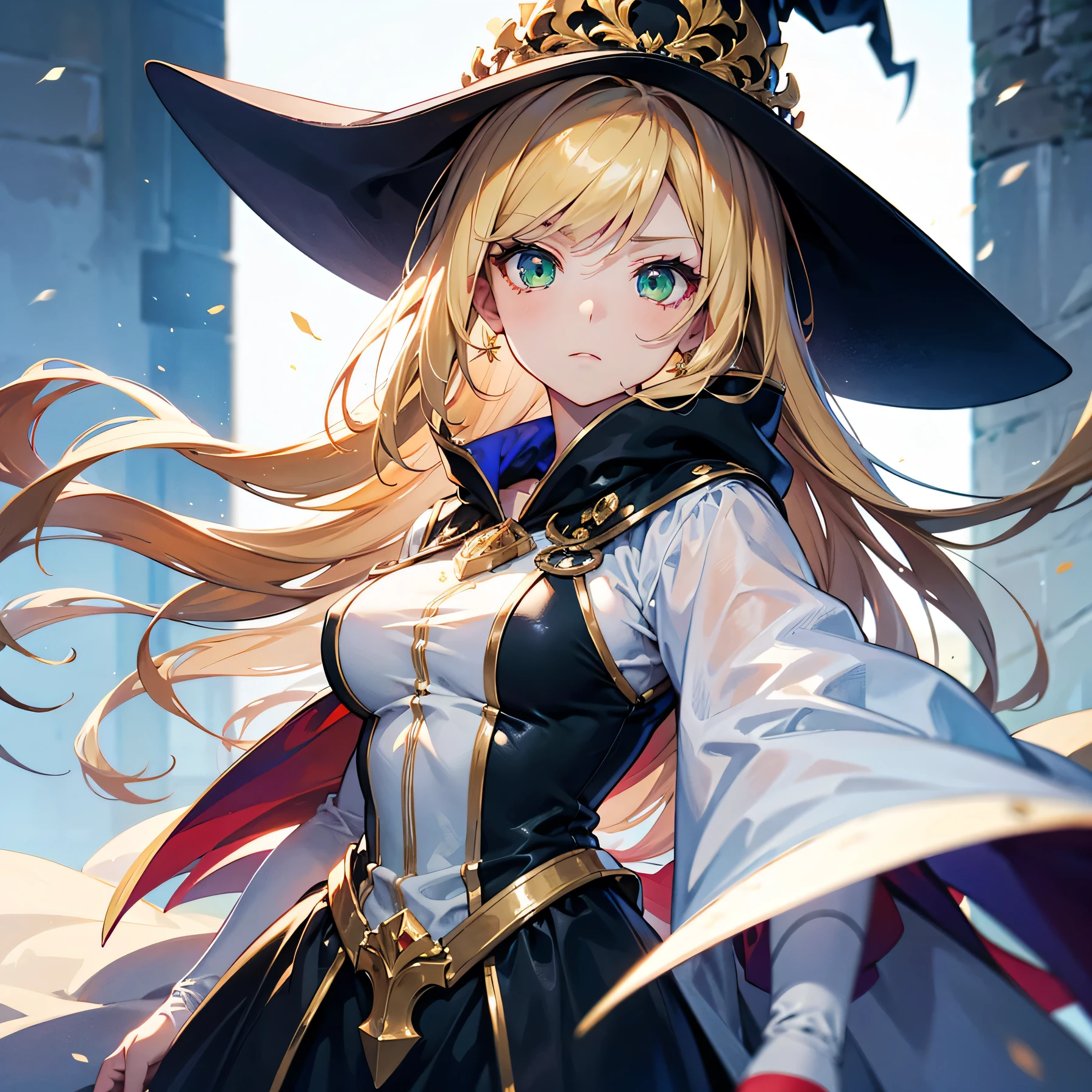 Anime Moe Art Style,highest quality,High resolution,Anatomically correct,One Woman,Twenty years old,Blonde,Super long hair,Straight Hair,Green Eyes,Super detailed,Fantasy Style,witch,White hat with gold trim,White cloak with gold trim,Red lining,Black long dress,Medium sized breasts,Stern expression,Raised eyebrows,Sharp Eye,One hand outstretched in front,A blizzard is blowing,8K