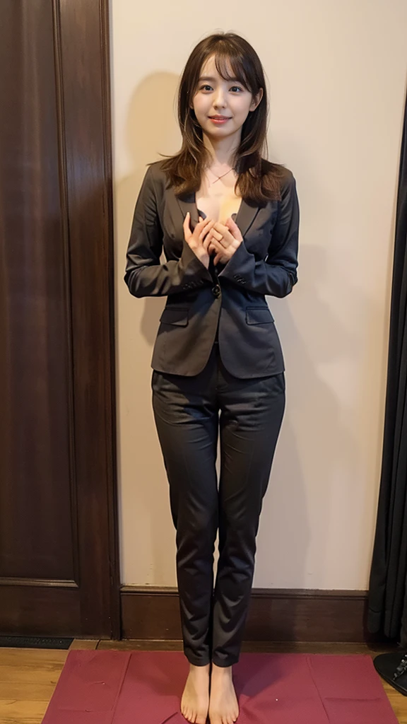 (8k、RAW Photos、highest quality、masterpiece:1.2)、(Realistic、Realistic)、1 girl、((large size black suit、red tie、rub my chest、pants suit、turn knees out、pelvic forward、over size suit、Woman grabs her own breasts、boyish、tom boy、public indecency、bend knees、 sexy suit、mens suit、large suit、hutanari 、grabbing breasts、 Leg spread、Bow-legged、Touching as if groping the breasts、Wide Stride、Leg spread、smile、sexy、I can see your chest、View from the front、Stand with hands on hips、In the city))、