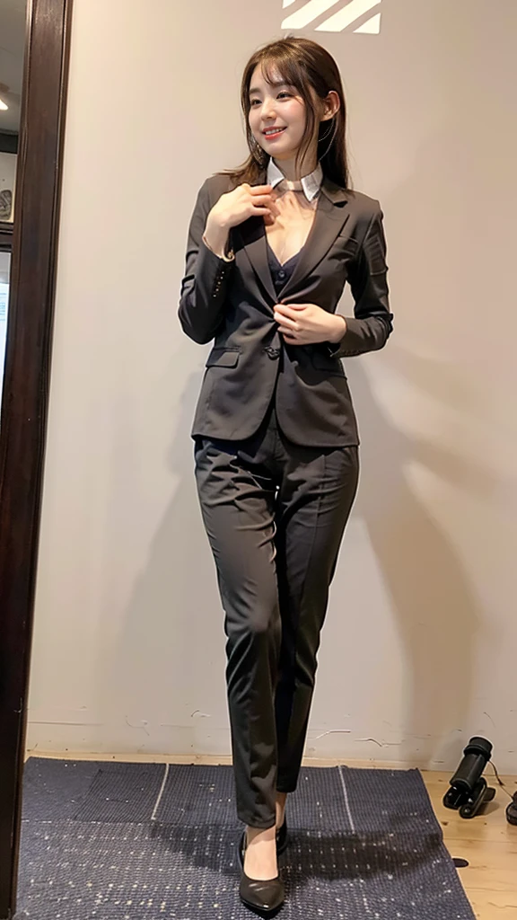 (8k、RAW Photos、highest quality、masterpiece:1.2)、(Realistic、Realistic)、1 girl、((large size black suit、red tie、rub my chest、pants suit、turn knees out、bend knees、 sexy suit、mens suit、hutanari 、grabbing breasts、 Leg spread、Bow-legged、Touching as if groping the breasts、Wide Stride、Leg spread、smile、sexy、I can see your chest、View from the front、Stand with hands on hips、In the city))、