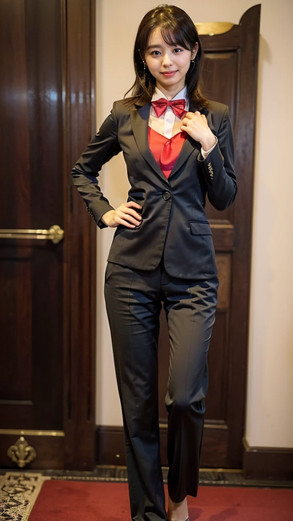 (8k、RAW Photos、highest quality、masterpiece:1.2)、(Realistic、Realistic)、1 girl、((large size black suit、red tie、rub my chest、pants suit、turn knees out、bend knees、 sexy suit、mens suit、hutanari 、grabbing breasts、 Leg spread、Bow-legged、Touching as if groping the breasts、Wide Stride、Leg spread、smile、sexy、I can see your chest、View from the front、Stand with hands on hips、In the city))、