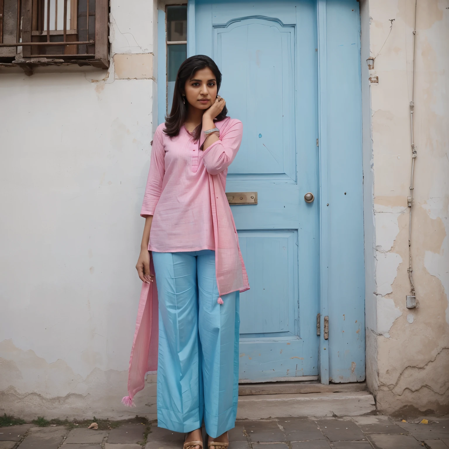 Patiyala pant , sky blue kurta , pink dupatta