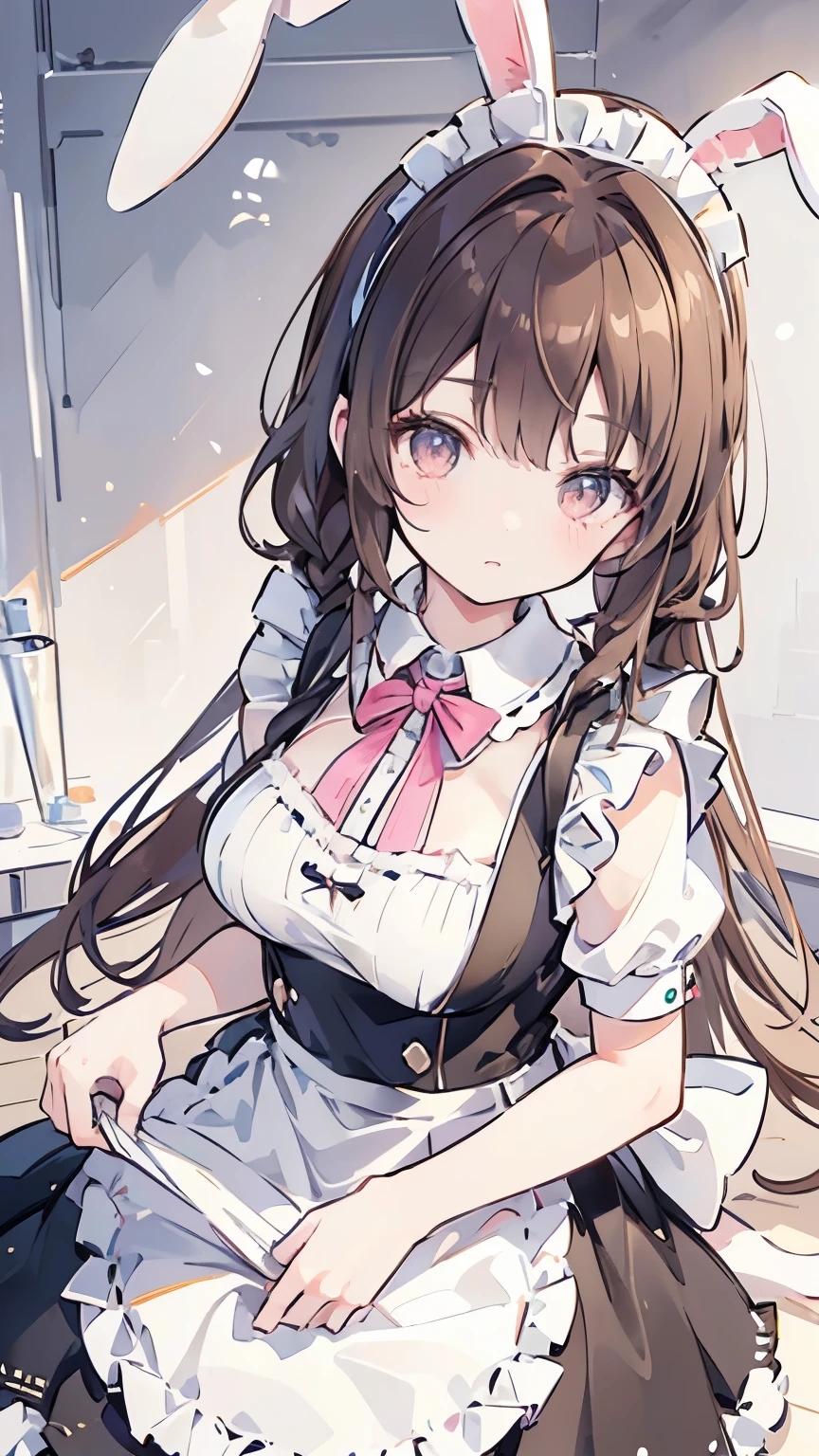 (brown hair), braided ponytail, ((rabbit ears)), maid headdress, Fujicolor, (((masterpiece))), ((textured skin)), (((high details))), highres, cute, lovely, maid, Apron dress, big breasts, overhead view