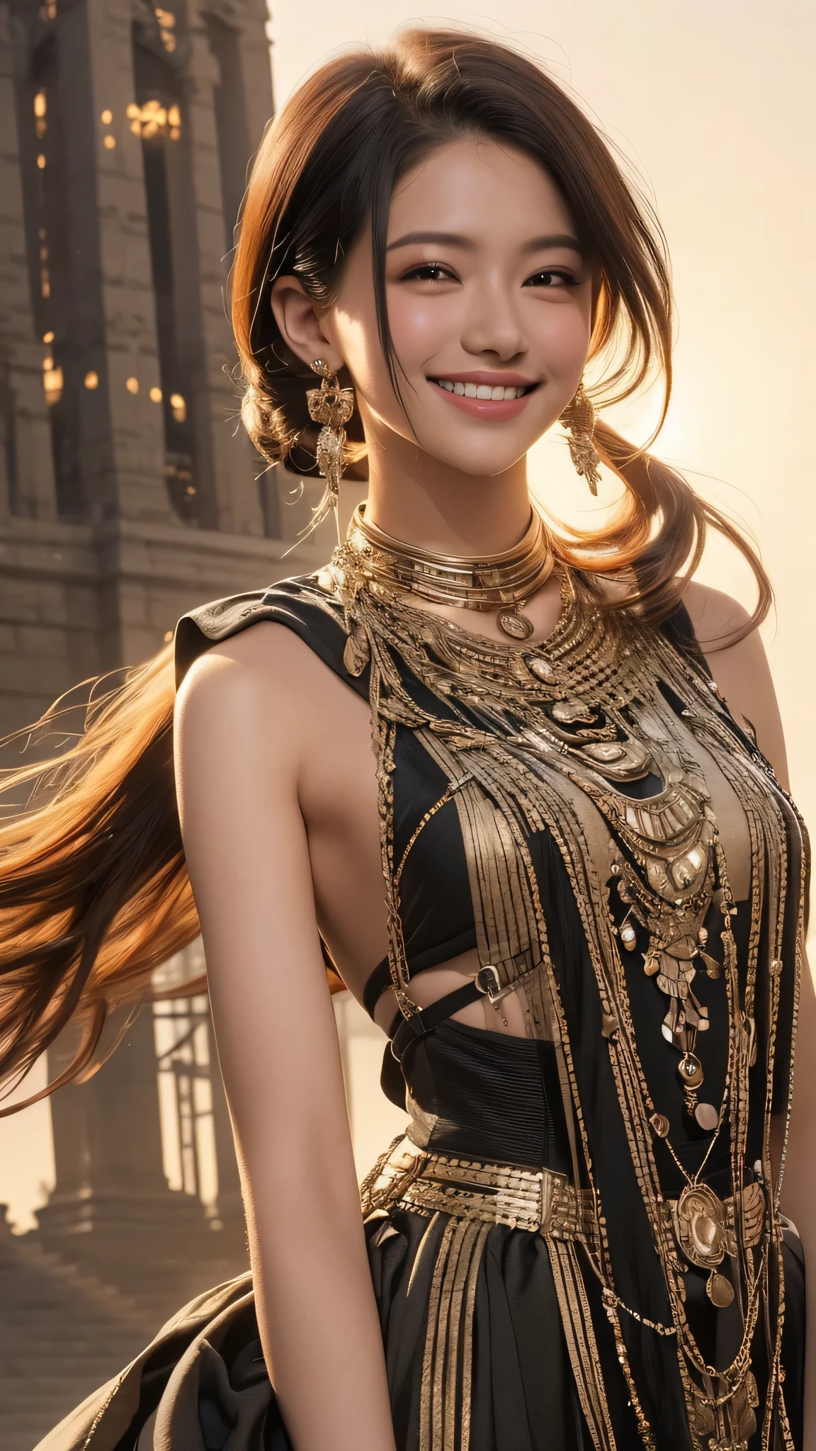 masutepiece, Best Quality, Illustration, Ultra-detailed, finely detail, hight resolution, 8K Wallpaper, Perfect dynamic composition, Beautiful detailed eyes, doress,Medium Hair, mid-chest, Natural Color Lip, Random and sexy poses,Smile,Tower Mansion