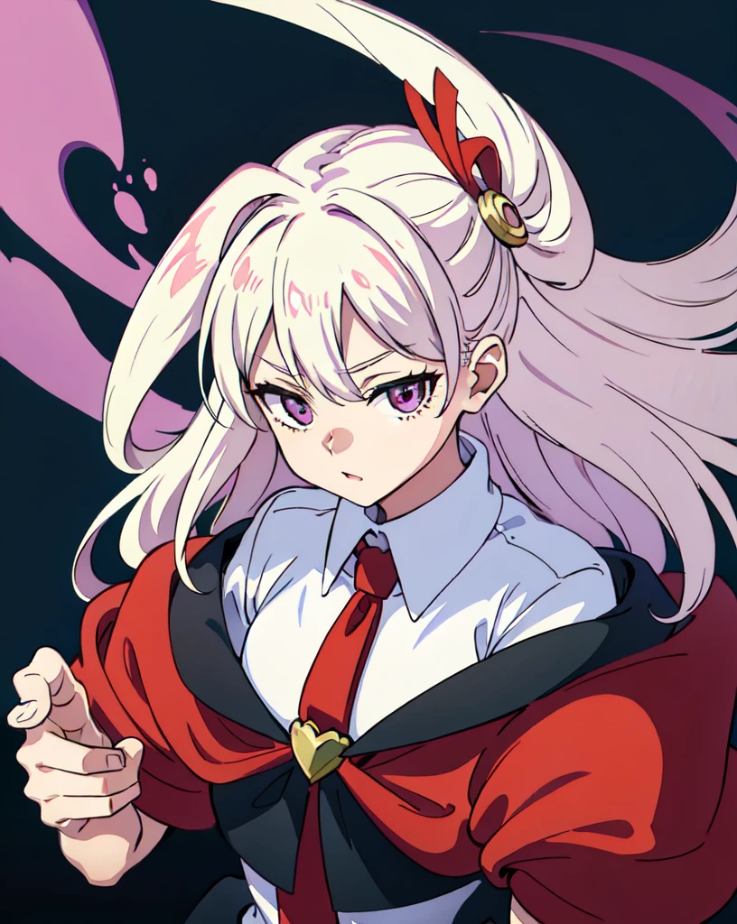 lady, 18 years old, hero, long white hair, bangs of hair between the eyes, a single black lock of hair, purple eyes, mature face, small eyes, strong body, Horikoshi Kohei style, my hero academy, manga, black , white and Pink, white background, high quality, masterpiece, full body, magical girl