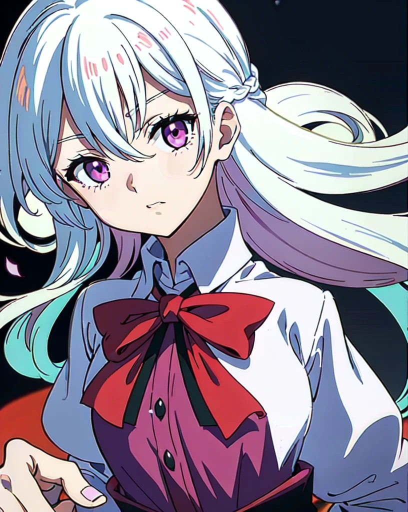 lady, 18 years old, hero, long white hair, bangs of hair between the eyes, a single black lock of hair, purple eyes, mature face, small eyes, strong body, Horikoshi Kohei style, my hero academy, manga, black , white and Pink, white background, high quality, masterpiece, full body, magical girl