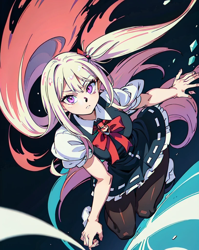 lady, 18 years old, hero, long white hair, bangs of hair between the eyes, a single black lock of hair, purple eyes, mature face, small eyes, strong body, Horikoshi Kohei style, my hero academy, manga, black , white and Pink, white background, high quality, masterpiece, full body, magical girl