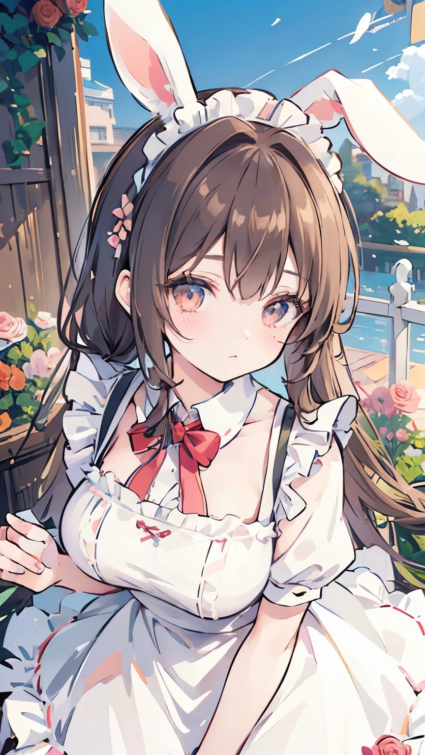 (brown hair), braided ponytail, ((rabbit ears)), maid headdress, Fujicolor, (((masterpiece))), ((textured skin)), (((high details))), highres, cute, lovely, maid, Apron dress, big breasts, overhead view, ((rose garden))