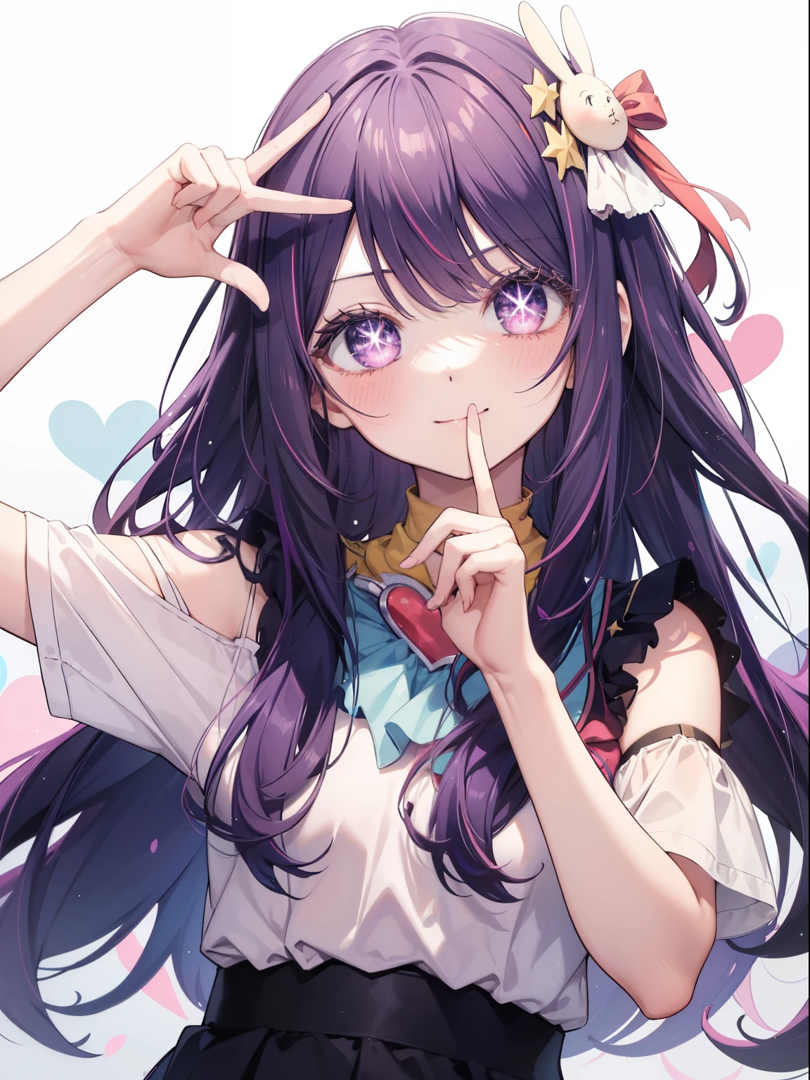Hoshino Ai、Good looking girl (Long purple hair with square bangs, One-eyed star,blush, Perfect Face), independent , Looking at the camera, masterpiece, Anime art style, Cute Characters, Most detailed, high quality、Nico Nico Smile、Long Hair、Wear cute clothes、Live Play、Idol Costumeaking a heart with hands、Hand Heart