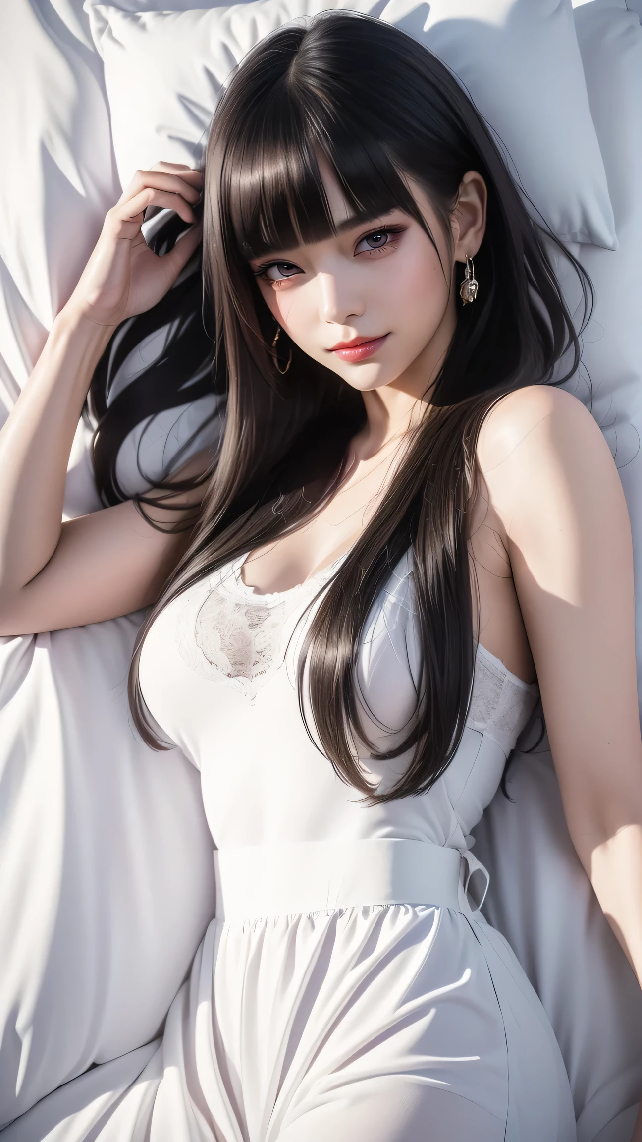 ((Straight bangs、Princess bangs)),((Very heavy、Very voluminous bangs:1.1)),((Very long、Very heavy、Very voluminous side locks:1.1)), Hime cut、Straight bangs hairstyle、Round face and ugly bangs、Long hair with ugly bangs、The bangs are cut straight、(Masterpiece、BestQuality:1. 5), (ultra detailed 8k cg:1.4), (hyperrealistic:1.25), (Photorealistic:1.25), (realistic:1.4), COWBOY SHOT, (view above:1.35), (from front1.4), (smile1.3)、
1 Japanese beautiful girl, 19 years old, Supermodel, Japanese Idols, (smile), Sweat muscle、
(Maid clothes :1.1), (Lying in bed:1.4), (Lying on your back:1.1), (Put your head on the pillow:1.1)、
5 star hotel bed、