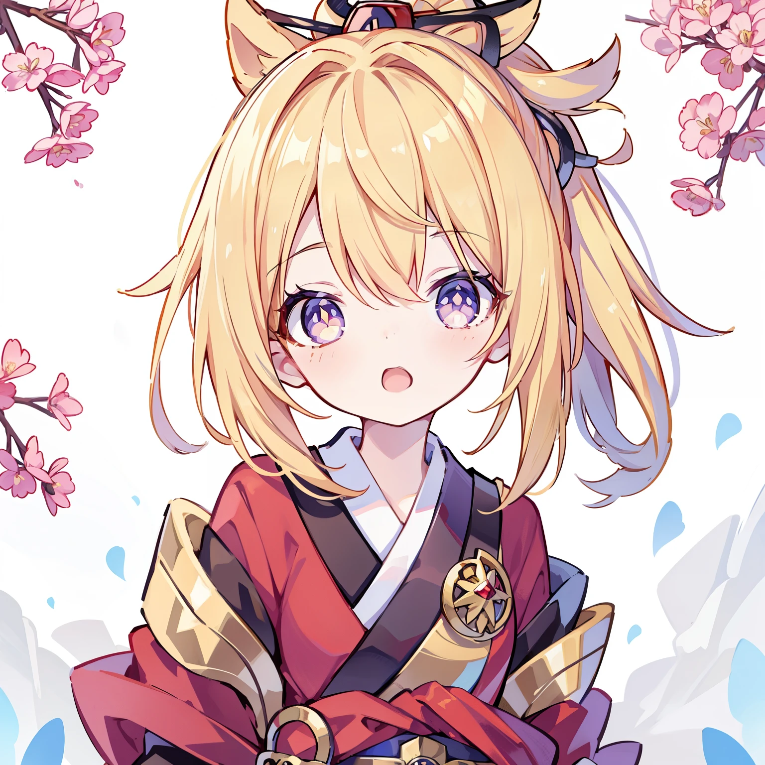 Very beautiful and Shining Eyes、Shining Eyes、((1 girl))、Small breasts、Big Mouth、Childish clothes、***************,highest quality, masterpiece, High resolution, alone, {yoimiya_Genshin Impact:1.15},young, blonde_hair, 前hair, hair_ornament, ponytail, 1 female,Red kimono