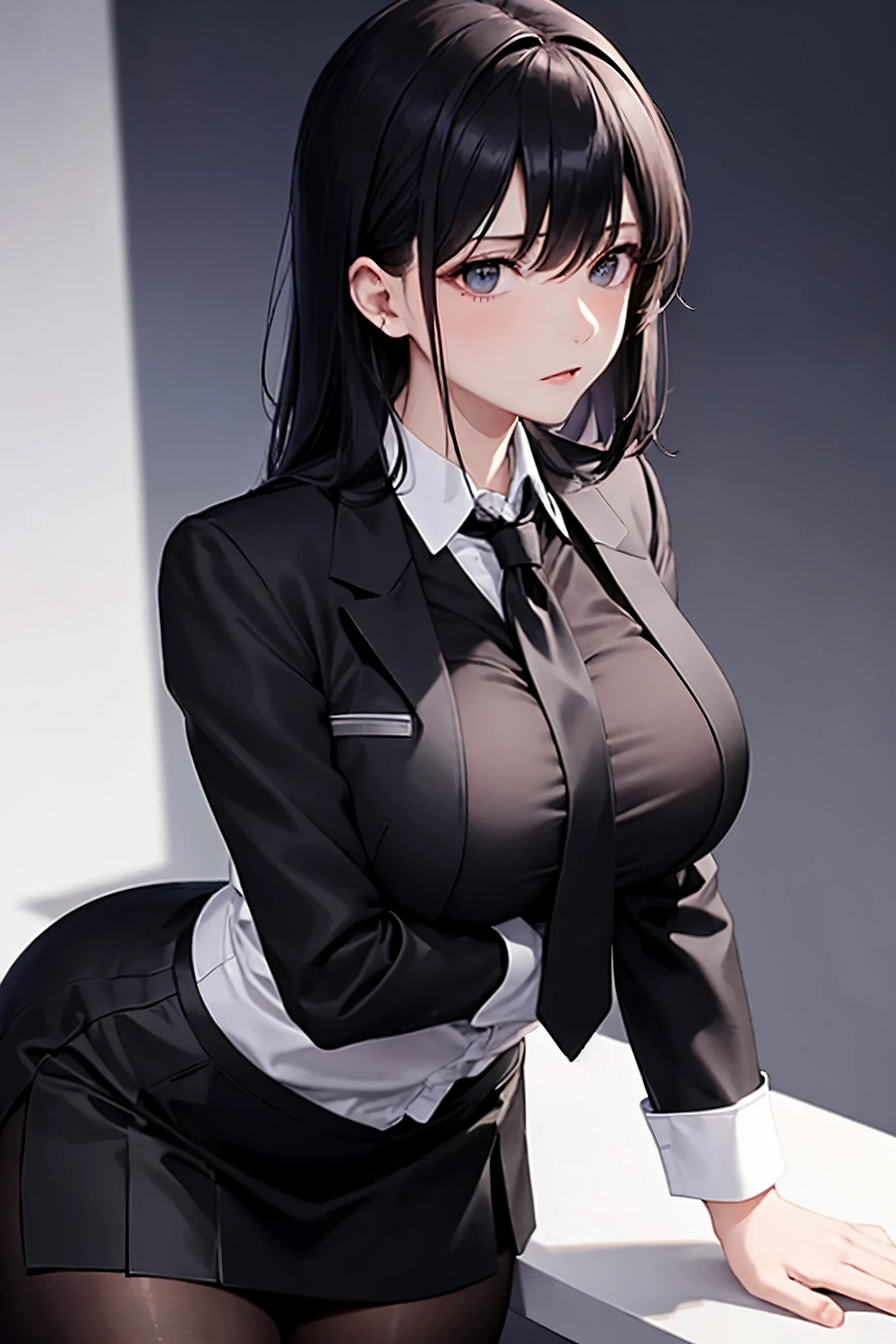 Kimi donned a black suit, the top half of which consisted of a white shirt with a tie neatly knotted at the neck. The bottom half featured a short black skirt, beneath which she wore compact black tights to complete the look. Her ample chest strained against the shirt's buttons, threatening to burst them open.