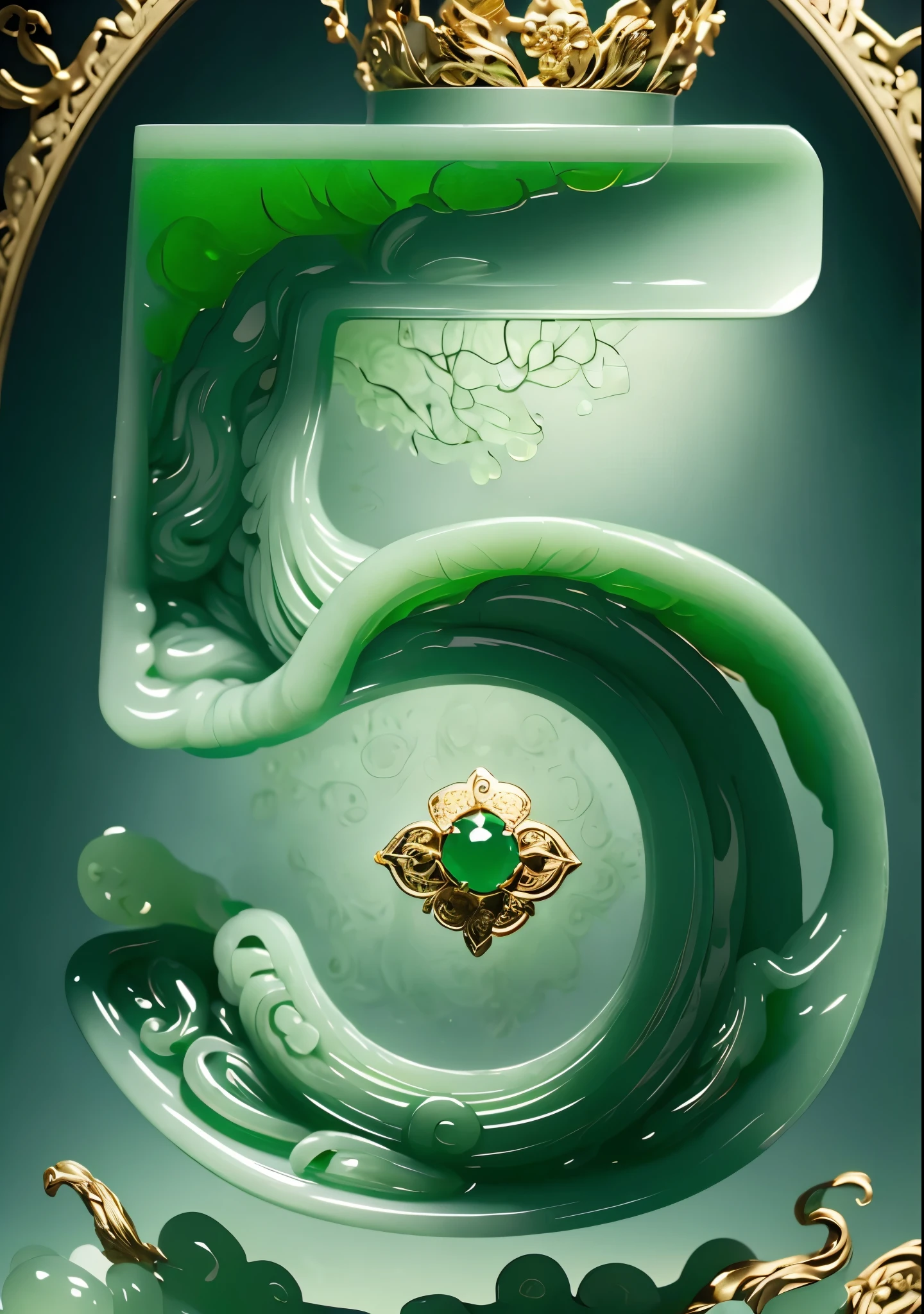 masterpiece，best quality，number "5" is made of jade, gold edges and green trees, golden texture, dimensional, features a rendering, reminiscent of c4d, paintings, Chinese landscape