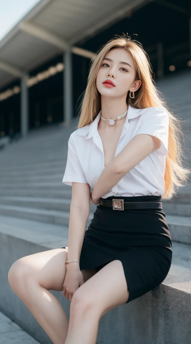 (Masterpiece, best quality, alone, รายละเอียดที่complicated, Chromatic aberration), realistic, ((Big chest, tight shirt)), hair in one eye,purple eyes, Large round hoop earrings 15 cm.., sharp eyes, choker, gemstone pendant,(symmetrical eyes),(Perfect symmetrical body),Photo of a beautiful age girl of 22 years old,(fit the body), Beautiful and charming with contemporary fashion paintings as well.., looking at the audience, ((Behind the scenes of the football stadium)), (black short skirt), (white short sleeve shirt, Form fitting shirt., Unbuttoning 3 buttons, Revealing breasts), (blue lab coat ),((A short black pencil skirt with a deep slit on the side...)), sugar belt, ((Put your hands down.)),Blue blonde hair, Bob, long hair, Side flatness,round chin, Art lens 85mm, Sharp focus, High resolution 8K, Crazy details, complicated, elegant,Sitting on the steps of the stadium, Lift one leg to eye level.., legs slightly apart.,Pose like a model,dynamic,mahalaiuniform