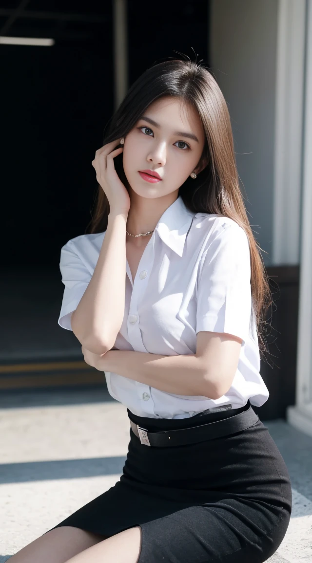 (Masterpiece, best quality, alone, รายละเอียดที่complicated, Chromatic aberration), realistic, ((Big chest, tight shirt)), hair in one eye,purple eyes, Large round hoop earrings 15 cm.., sharp eyes, choker, gemstone pendant,(symmetrical eyes),(Perfect symmetrical body),Photo of a beautiful teenage girl of 22 years old,(fit the body), Beautiful and charming with contemporary fashion paintings as well.., looking at the audience, ((Behind the scenes of the football stadium)), (black short skirt), (white short sleeve shirt, Form fitting shirt., Unbuttoning 3 buttons, Revealing breasts), (blue lab coat ),((A short black pencil skirt with a deep slit on the side...)), sugar belt, ((Put your hands down.)),Blue blonde hair, Bob, long hair, Side flatness,round chin, Art lens 85mm, Sharp focus, High resolution 8K, Crazy details, complicated, elegant,Sitting on the steps of the stadium, Lift one leg to eye level.., legs slightly apart.,Pose like a model,dynamic,mahalaiuniform
