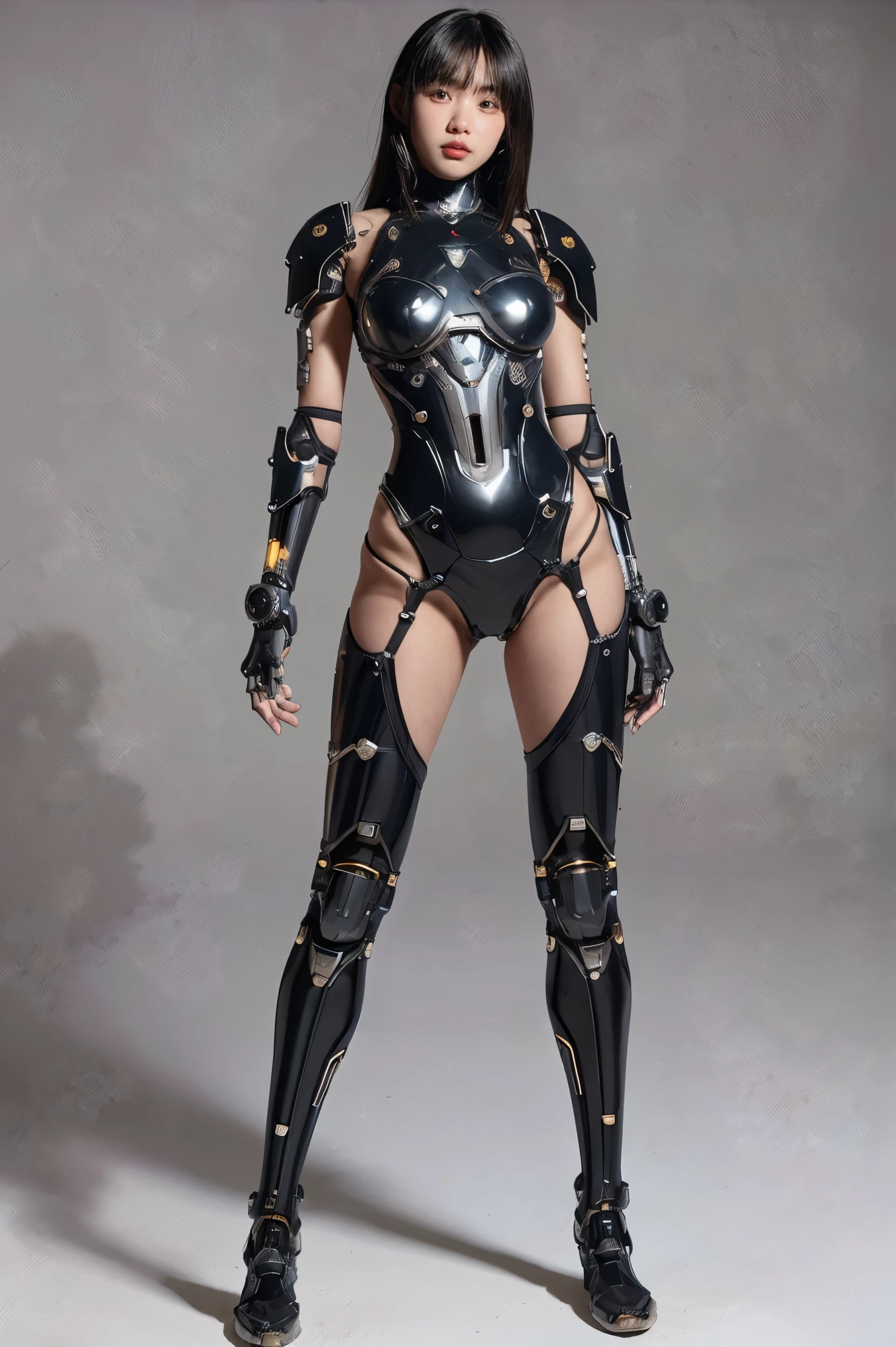 1girl, solo, wearing a mechanical suit, Mechanical wonder, Cyberpunk, Cybernetic Guardian, futuristic armor, full body, front pose, symmetry, intricate (steel metal [rust]), joints, warframe style, cyborg, male body and armor, Chainsaw Man 