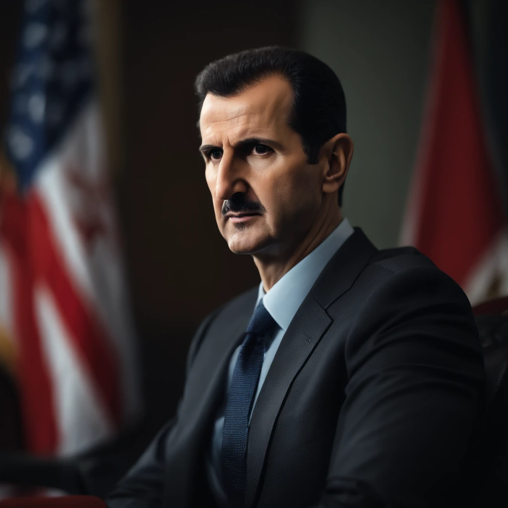photograph,Bashar al-Assad,(best quality,4k,8k,highres,masterpiece:1.2),ultra-detailed,(realistic,photorealistic,photo-realistic:1.37),portraits,vivid colors,the Syrian president,stoic expression,wearing a suit and tie,intense eyes,distinctive mustache,dark hair,serious demeanor,standing in front of a Syrian flag,conference room setting,capturing the essence of his authoritative presence,studio lighting,subtle shadows,soft natural light,focused composition,sharp focus,artistic perspective,professional,bokeh