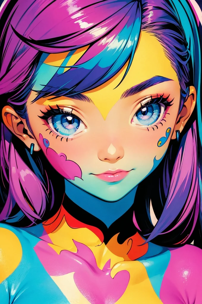 (masterpiece, best quality), 1girl, 18yo, naked, closeup face, (face covered with colorful stickers:1.2), colorful tattoos, smile, vibrant colors, bright, white, watercolor
