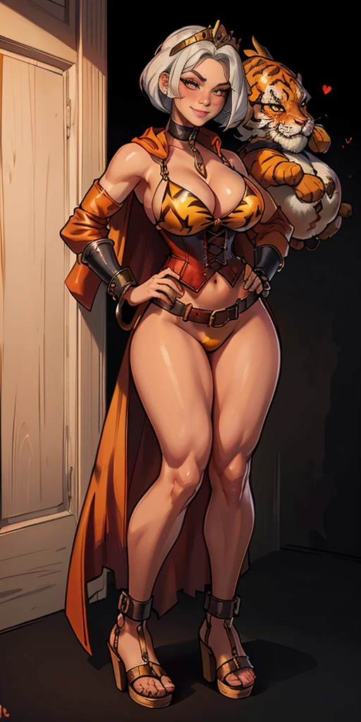 ((BLACK BACKGROUND,1:2, masterpiece)), full body MILF BIMBO standing with two long thighs and two high heels, red eyes, silver white hair, short bob style hair, big breasts, cleavage, separate sleeves, tiara royal, long cape up to two feet, yellow tiger bikini print, hands on waist, navel, lustful smirking smiling, smile face (red blushed, red cheeks), metal shoulders, gold sleeveless armbands, black leather choker slave collar, shackle bracelets, sex slave red crest, full body MILF BIMBO standing with two long thighs and two metal sandals, red eyes, silver white hair, short bob style hair, big breasts, cleavage, separate sleeves, tiara royal, long cape up to two feet, yellow bikini, hands on waist, navel, lustful smirking smiling, smile face (red blushed, red cheeks), metal shoulders, gold sleeveless armbands, black leather choker slave collar, shackle bracelets, sex slave red crest, pauldrons, breastplate, corset, eye focus, full body, whole body. 1solo . slave fighter, loincloth standing, hands on hips, metal sandals, backpack, choker, big belt, view from below, feet together, bracers, tiara) bondage pole