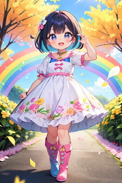 Stand in front of the photo、1girl in,Full body,a short bob, rainbow color Hair,long boots,Open mouth and big smile、kawaii pose、Flowing iridescent silk、up of face、Eye Up、Colorcon with heart pattern、Floral dress、There are flowers even in front of you、flower petals、season!!: springtime☀ 🍂