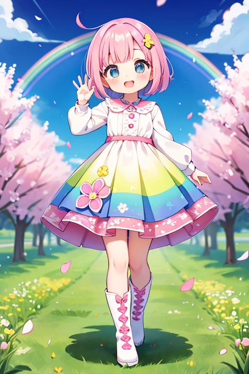 Stand in front of the photo、1girl in,Full body,a short bob, rainbow color Hair,long boots,Open mouth and big smile、kawaii pose、Flowing iridescent silk、up of face、Eye Up、Colorcon with heart pattern、Floral dress、There are flowers even in front of you、flower petals、season!!: springtime☀ 🍂
