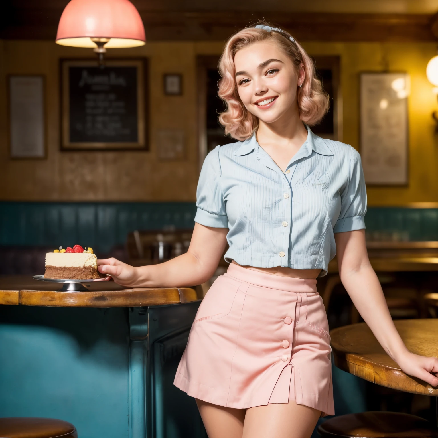 (best quality, 4k, 8k, high res,masterpiece:1.2), ultra-detailed, (photo-realistic:1.37), ((best quality)), ((masterpiece)), (detailed), ((Florence Pugh)), ((a waitress from the 1950s in a sexy short tight uniform with tiny ultra-short shorts)), ((full-length whole-body)), ((1950s short platinum-blond hair and make-up)), ((long eyelashes)), ((perfect wide cheesecake-smile with cute dimples)), ((blushed-pink cheeks)), ((ultra-short mini skirt showing long shapely legs)), well-drawn perfect eyes, ((perfect teeth)), ((well-drawn well-proportioned anatomy)), ((cinematic lighting)), 1950s diner in bright blues and yellows, ((well-drawn hands)),