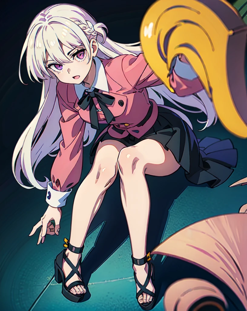 lady, 18 years old, hero, long white hair, bangs of hair between the eyes, a single black lock of hair, purple eyes, mature face, small eyes, strong body, Horikoshi Kohei style, my hero academy, manga, black , white and Pink, white background, high quality, masterpiece, full body, magical girl, hight-heels shoes 