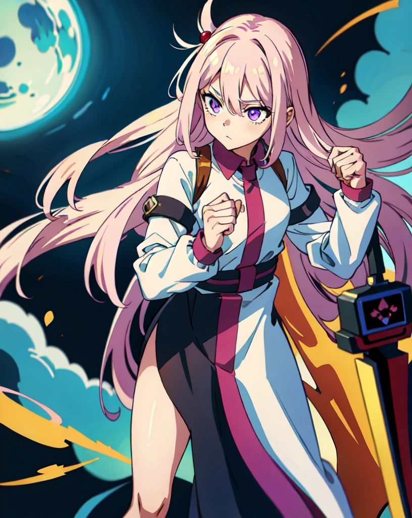 lady, 18 years old, hero, long white hair, bangs of hair between the eyes, a single black lock of hair, purple eyes, mature face, small eyes, strong body, Horikoshi Kohei style, my hero academy, manga, black , white and Pink, white background, high quality, masterpiece, full body, magical girl, hight-heels shoes 