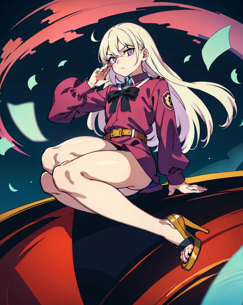 lady, 18 years old, hero, long white hair, bangs of hair between the eyes, a single black lock of hair, purple eyes, mature face, small eyes, strong body, Horikoshi Kohei style, my hero academy, manga, black , white and Pink, white background, high quality, masterpiece, full body, magical girl, hight-heels shoes 