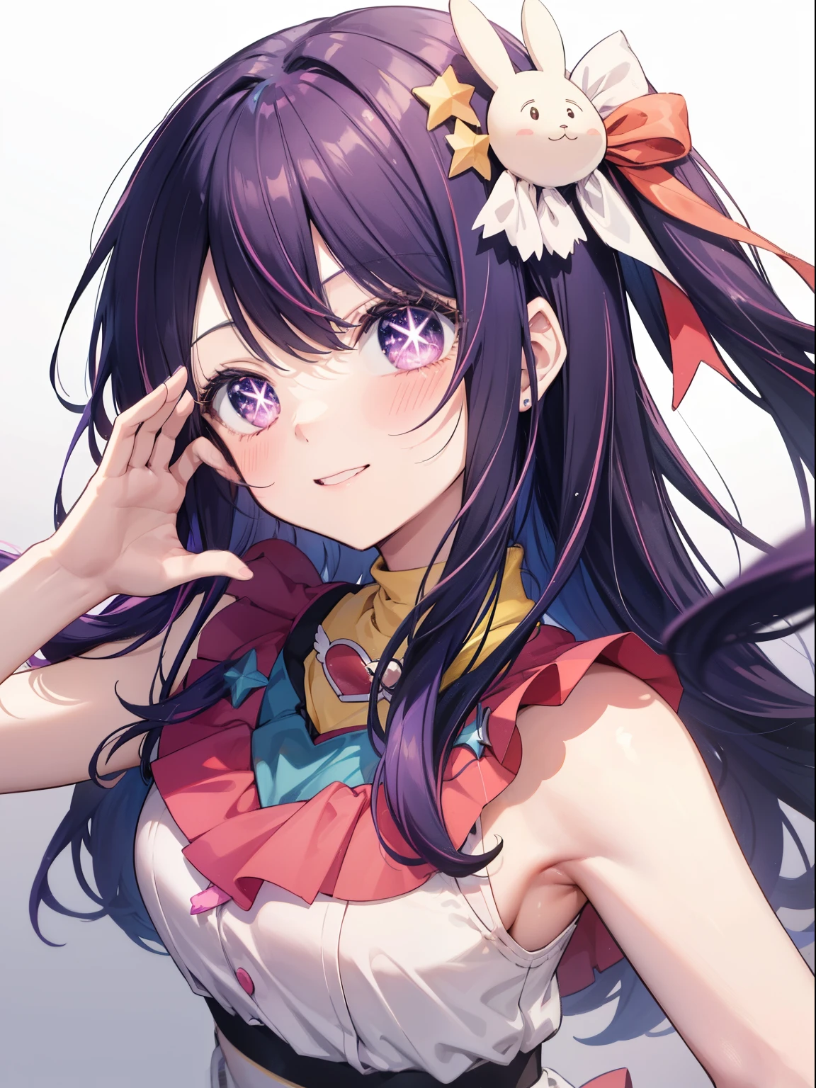 Hoshino Ai、Good looking girl (Long purple hair with square bangs, One-eyed star,blush, Perfect Face), independent , Looking at the camera, masterpiece, Anime art style, Cute Characters, Most detailed, high quality、Nico Nico Smile、Long Hair、Wear cute clothes、Live Play、Idol Costumes、Hand piece
