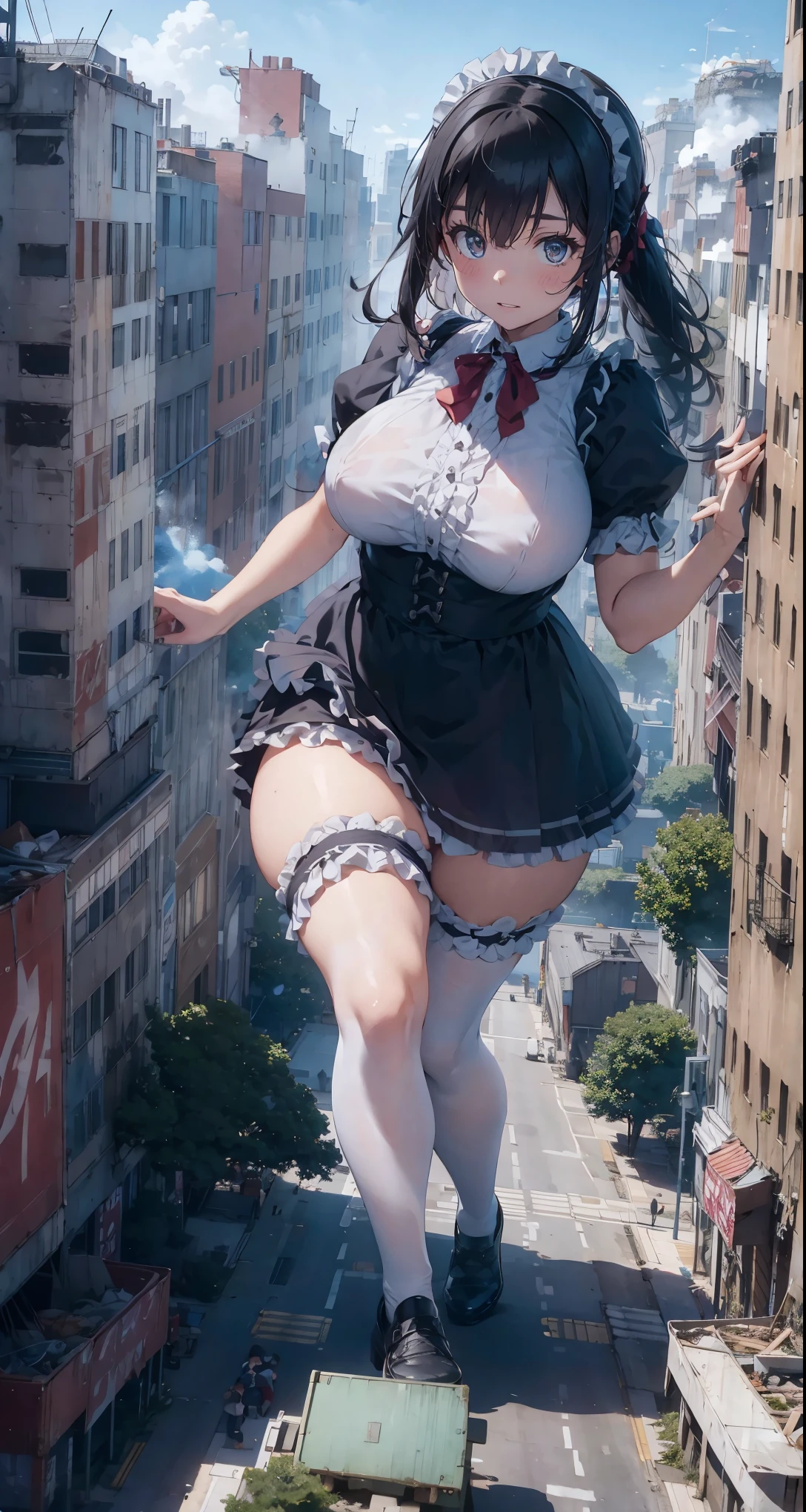 blue eyes、lift up the skirt、pedestrian bridge、pure white pants、show panties、Traffic jam、car、bus、city station、((((A freight train running on the tracks))))、truck、Urban hustle and bustle、Bustling city streets、((long legs))、(((dark hero))),((((maid gothic ruffles))))、A girl bigger than a building、background blur、Gulliver's Travels、alice in wonderland、city of rubble、(((((super huge breasts)))))、、、big breasts、big breasts、big breasts、((((plump thighs))))、plump thighs、building fire、Giant girl sitting on the roof of a skyscraper、cigarette、((((Building explosion))))、(((((reach out your hand)))))、Ruins at the end of the century、((((Open your legs and show your panties)))),Attack on Titan's A Giant Girl Who Moves the Earth、(((Giant of Light))),A giant girl who moves the earth、The City of Rubble at your feet、A building with rubble underfoot、flying debris、(loafers)、low angle camera、high school girl、((((fighting pose))))、((((A big explosion at my feet))))、8k、High image quality High image quality、nipple、sheer shirt、((((Destroy a broken dwarf building with your legs)))),(((A crowd of dwarfs running away)))、