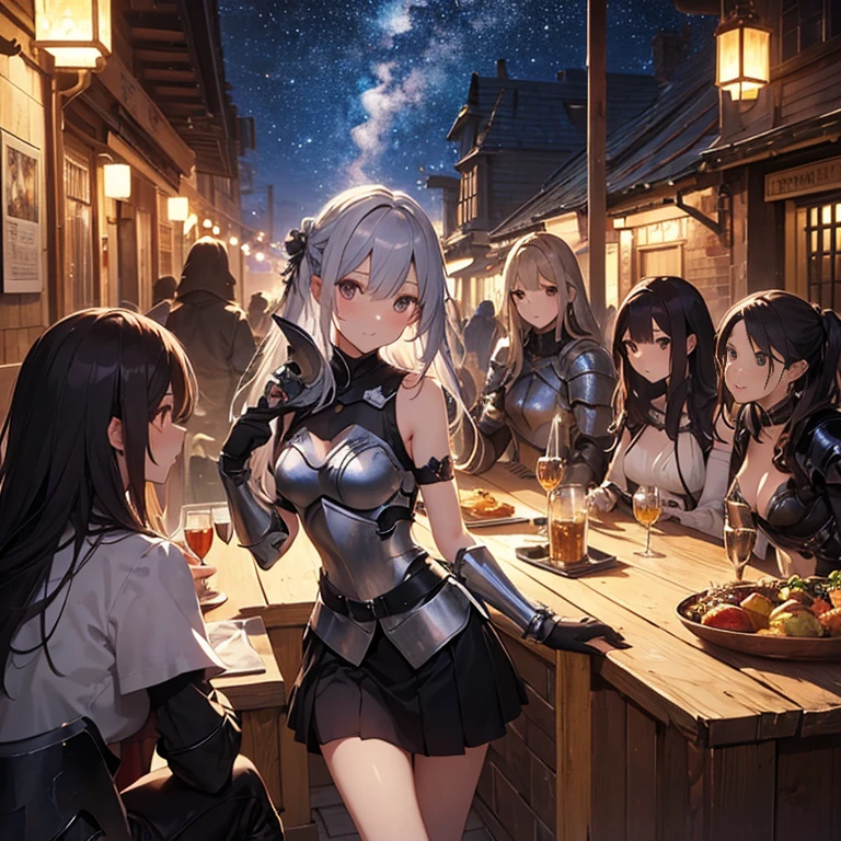 A group of young female knight, (in tavern), various hair styles, harem, wearing armored clothes, metal armor, night, details face, , short skirt, seducing, sword, sleeveless , showing armpits, night, starry night