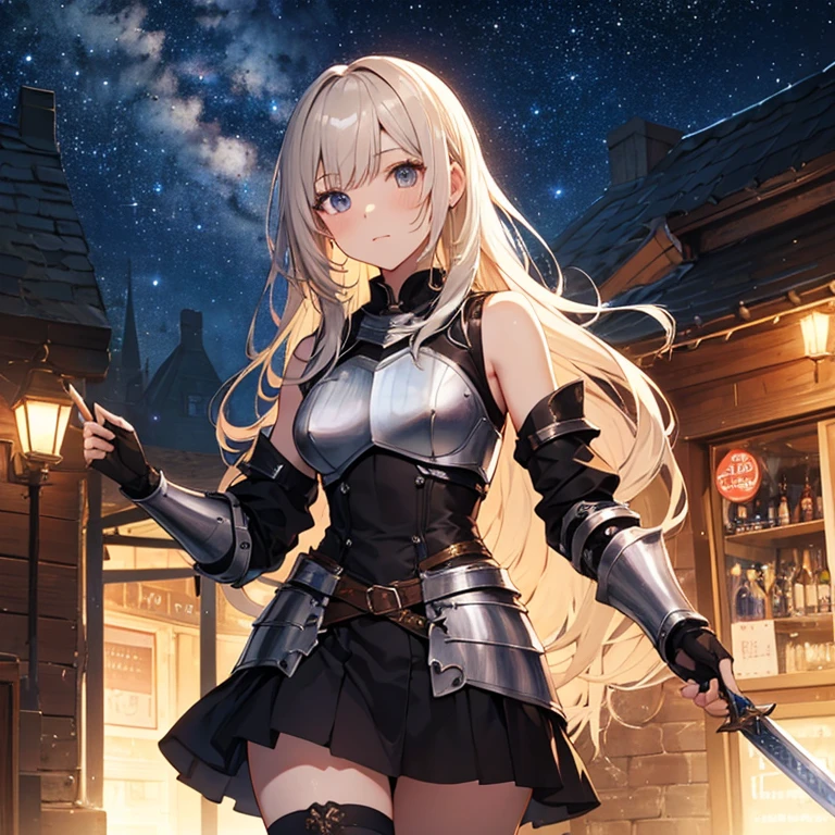 A group of young female knight, (in tavern), various hair styles, harem, wearing armored clothes, metal armor, night, details face, , short skirt, seducing, sword, sleeveless , night, starry night 