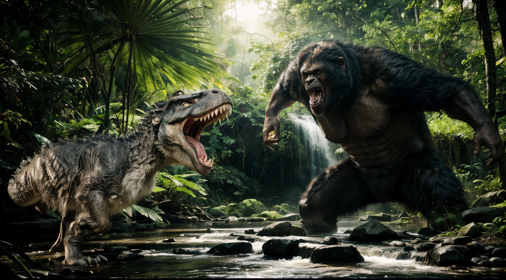 (Best picture quality)(Very detailed)(Best picture quality) CG scene rendering,Film texture,masterpiece,National Geographic Photography,((King Kong and dinosaurs fighting)) (Roaring and fighting in the dense jungle),(Fierce confrontation)Dynamic Background,Dawn light,majesty,光线透过树叶照射 Very detailed的CG统一8k壁纸,masterpiece,Best quality:1.1,actual:1.3,Film Lighting:1.2,Ultra-realistic,actual照片:1.0,Sharp focus:1.1,Depth of Field:1.1,50