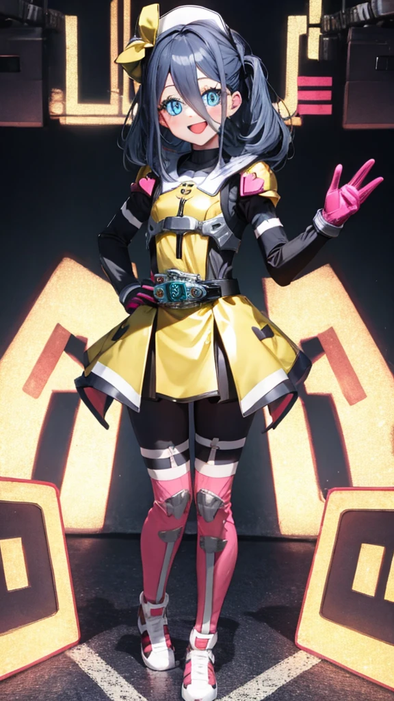 (Highly detailed CG), (highest quality), (full body),Alice，Black long hair，Blue eyes，One girl, Perfect Face,  Shiny skin, Shiny skin, Wide Hips, Tight waist,   roller:Kamen Rider_Pipopapo-08:0.8> Poppy Pipopapo,smile, Hat Poppy Rider,Pink gloves,  Bodysuits, Torn clothes,Are standing, Open your mouth, smile, Riding belt,Hospital Background ,skirt,Pauldrons, Victory pose, Close one eye,