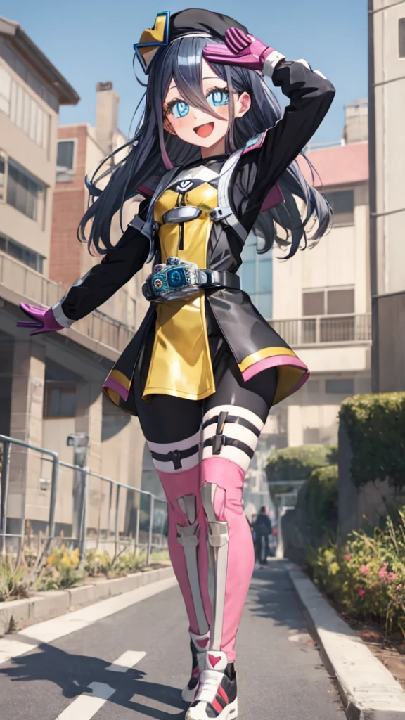 (Highly detailed CG), (highest quality), (full body),Alice，Black long hair，Blue eyes，One girl, Perfect Face,  Shiny skin, Shiny skin, Wide Hips, Tight waist,   roller:Kamen Rider_Pipopapo-08:0.8> Poppy Pipopapo,smile, Hat Poppy Rider,Pink gloves,  Bodysuits, Torn clothes,Are standing, Open your mouth, smile, Riding belt,Hospital Background ,skirt,Pauldrons, Victory pose, Close one eye,