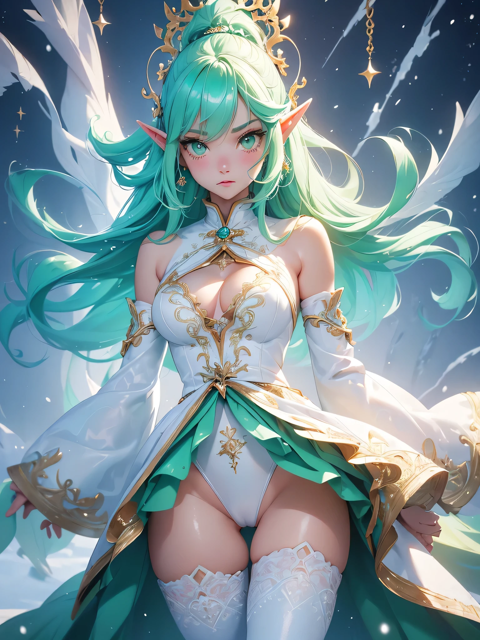 nsfw:1.1, high resolution:1.7, incredibly absurdres, kawaii:1, cute:1.5, hires.fix, anime visual:1, incredibly fine illustration,8k,masterpiece:1.2,best quality, high quality, exquisite, beautiful,insanely detailed,intricate detailed, extremely detailed, Super Definition, ultra high res, Super Resolution, best aesthetic, ultra detailed:1.5, best quality, perfect face, detailed face, masterpiece:1.2, illustration:1.2, 8k cg wallpaper, stunning art,absurdres,octane render,ultra hires,cute elf,(Idol),18yo,Beautiful,(Cute and lovely),cute girl,((anime elf with extremely cute and beautiful green hair)),long hair,hime_cut,(((green_eyes:1.3))),intricate eyes,beautiful detailed eyes,symmetrical eyes,big eyes:1.5,enchanting bright eyes studded with gold and silver dust,(((pinky snd glowing_skin,shiny body,plastic glitter skin,exaggerated shiny skin,illuminated skin))),upward ,waist slender,(detailed body,(detailed face)),cute,daring,zettai ryouiki,show skin,best relationship with four fingers and one thumb,Very Fine Face and Eyes,Very Fine Hair,(Perfect Anatomy),((girl trembling with sexual )),Gartt,Bare shoulders,Check out our thru-rack chokers and midi rings with chains,
Break (((aqua fur coat, wearing a ice leotard:1.3,aqua winter coat))), ((ice leotard,elegant ice leotard)),(white gloves,white clothes,(((intricate outfit,intricate clothes,embroidered outfit,ornate outfit,embroidered clothes,ornate clothes))),Torn clothes,pussy,(dynamic pose,embarrassed,(centered,scale to fit dimensions,Rule of thirds),((snowy pine forest)),winter,scenery:1.25,((intricate scenery)),((snow forest background)),(Glossy winter ornaments),highres,sharp focus,(extremely detailed CG unity 8k wallpaper),(((vibrant colors,vibrant theme))),(intricate),full body,(perfect body),standing,Forehead.Plain appearance.Talented.naked. Creampie.Semen isflowingr vaginaling. Spread your legs. Raisingegs.